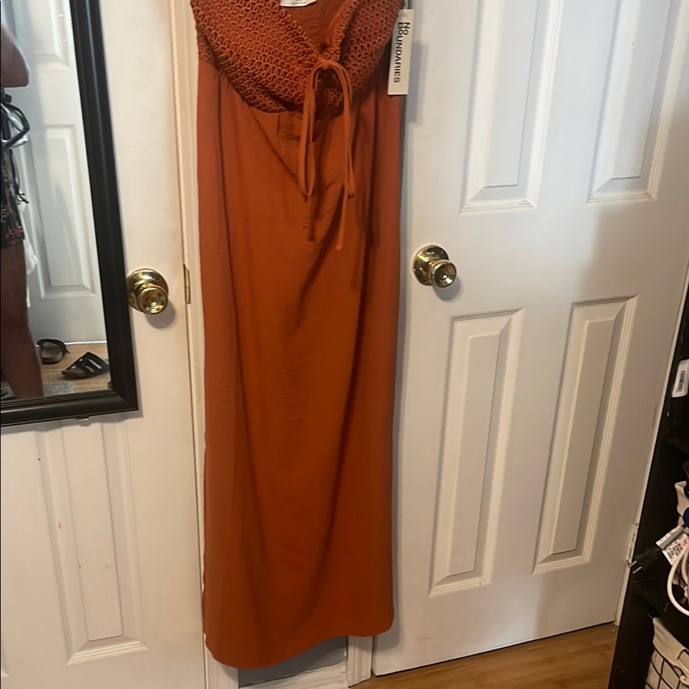 No Boundaries Terracotta Crochet Maxi Dress